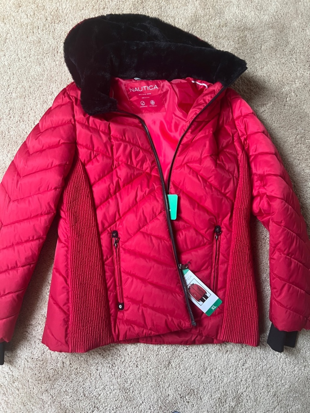 Nautica Girls Red Quilted Puffer Jacket with Black Faux-Fur Hood
